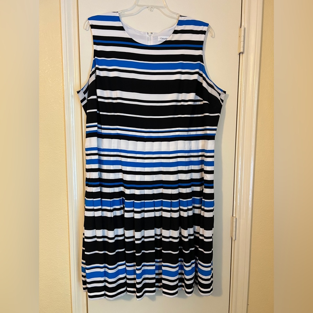 Calvin Klein Plus Size Black, Blue, and White Striped Drop Waist Dress, 20W